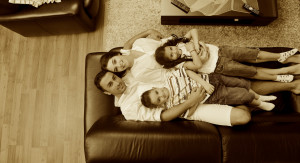 young family at home grayscale